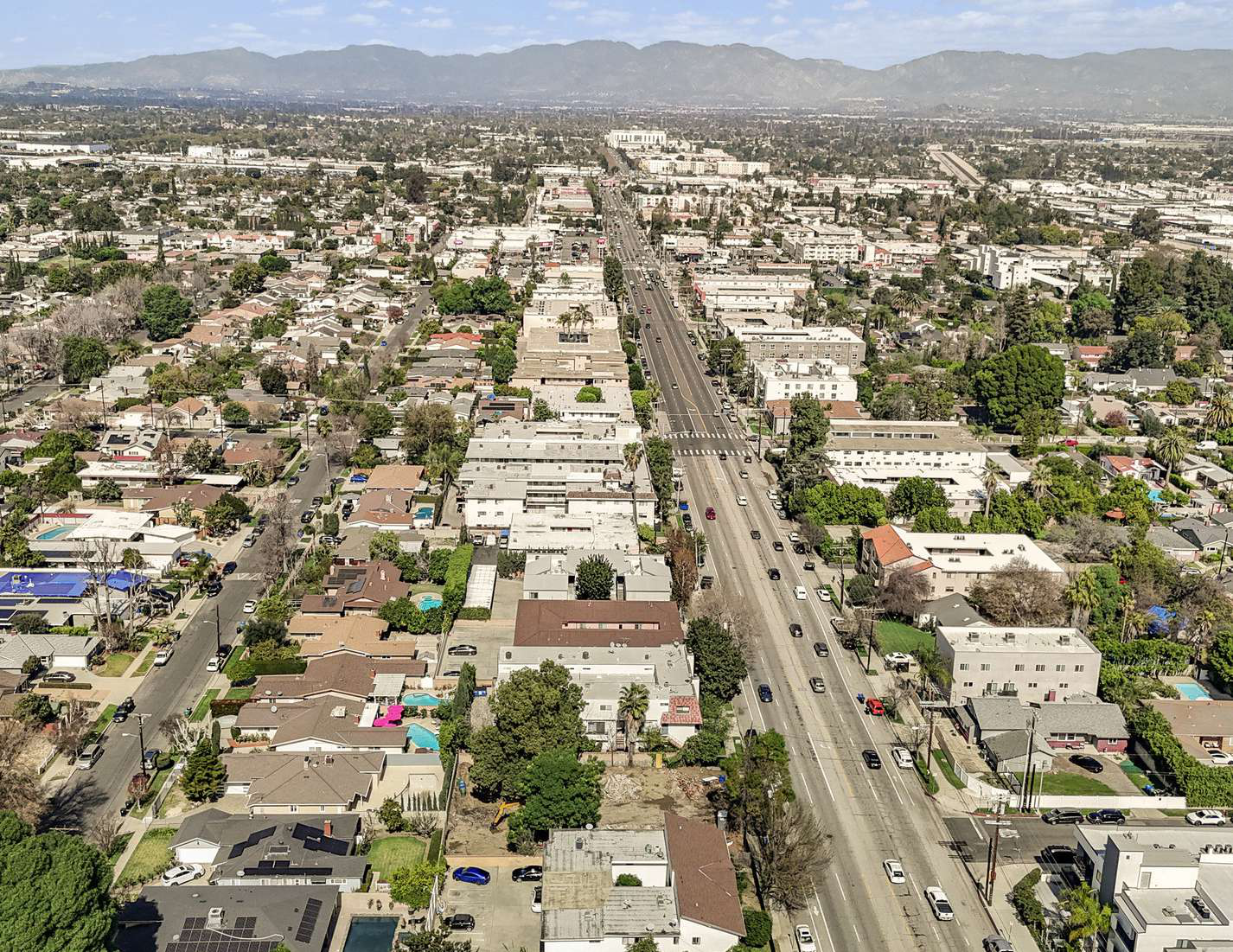 Aerial view up the Woodman Avenue corridor in Van Nuys