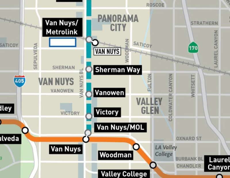 East San Fernando Valley Light Rail Transit map — Vanowen station four blocks from the site
